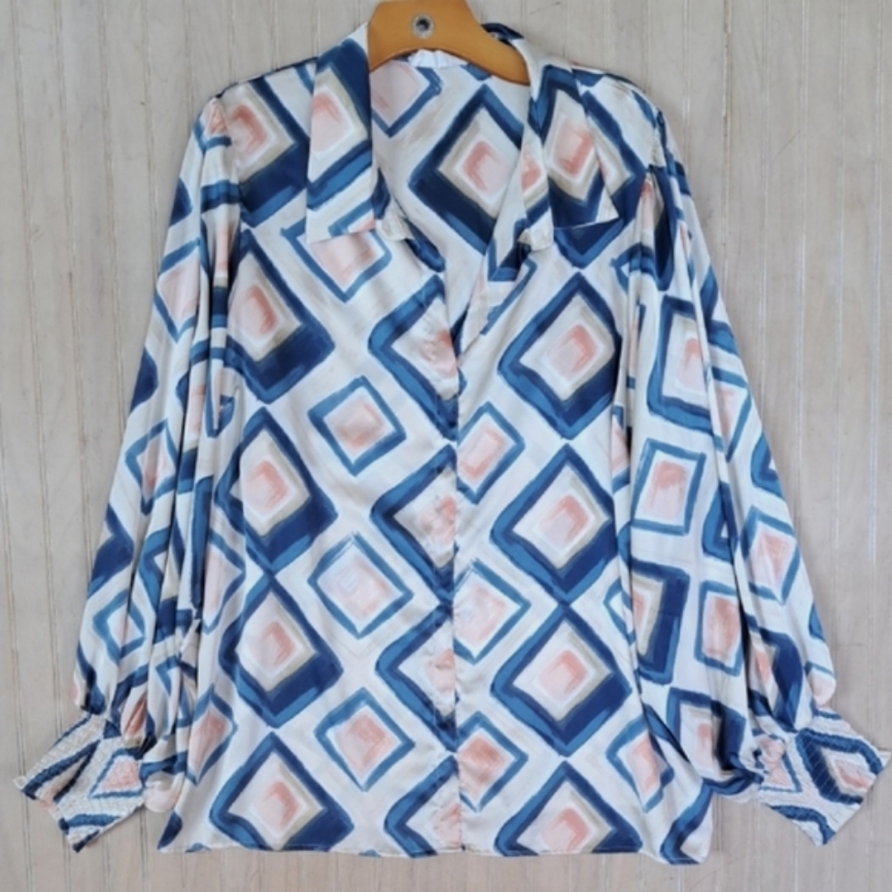 First Love By Lovelyn Abstract Geometric Print Blouse Long Puff Sleeve Satin